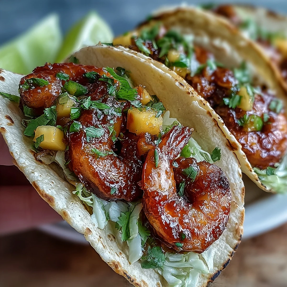 Warm corn tortillas hold spicy Sriracha Shrimp Tacos with Mango Salsa, paired with lime wedges and vibrant red onion.