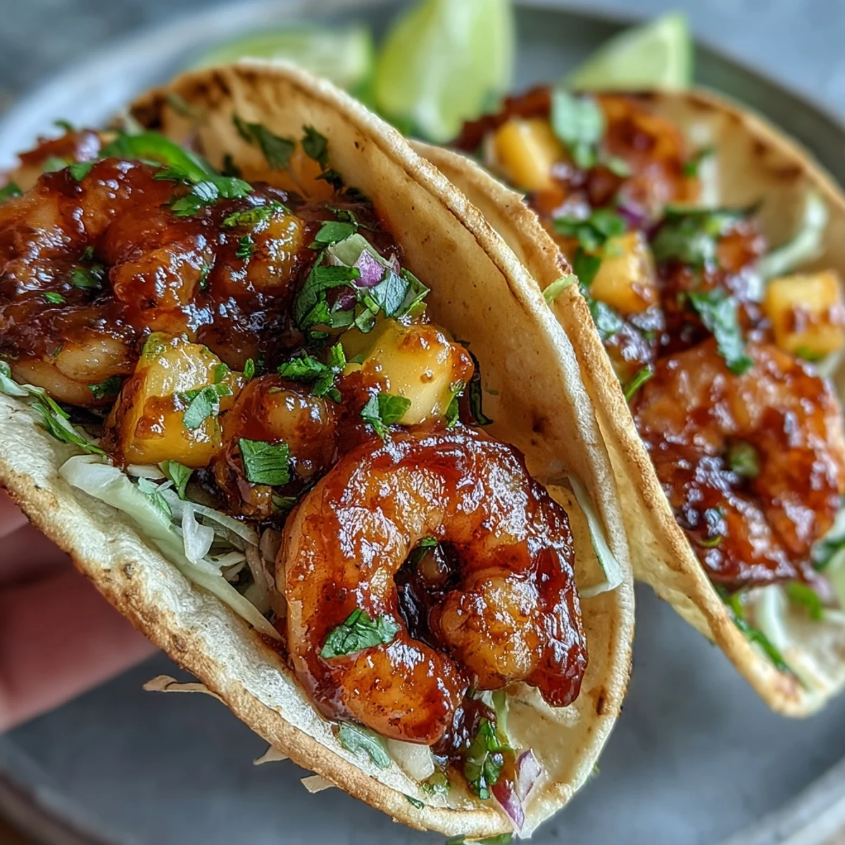 Overhead view of Sriracha Shrimp Tacos with Mango Salsa, featuring juicy shrimp and colorful mango salsa in soft tortillas.