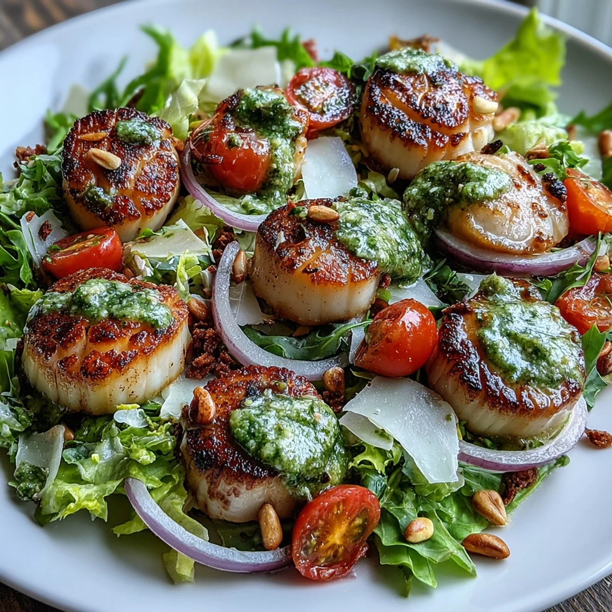 Golden seared scallops rest atop a vibrant escarole salad with cherry tomatoes and red onion.