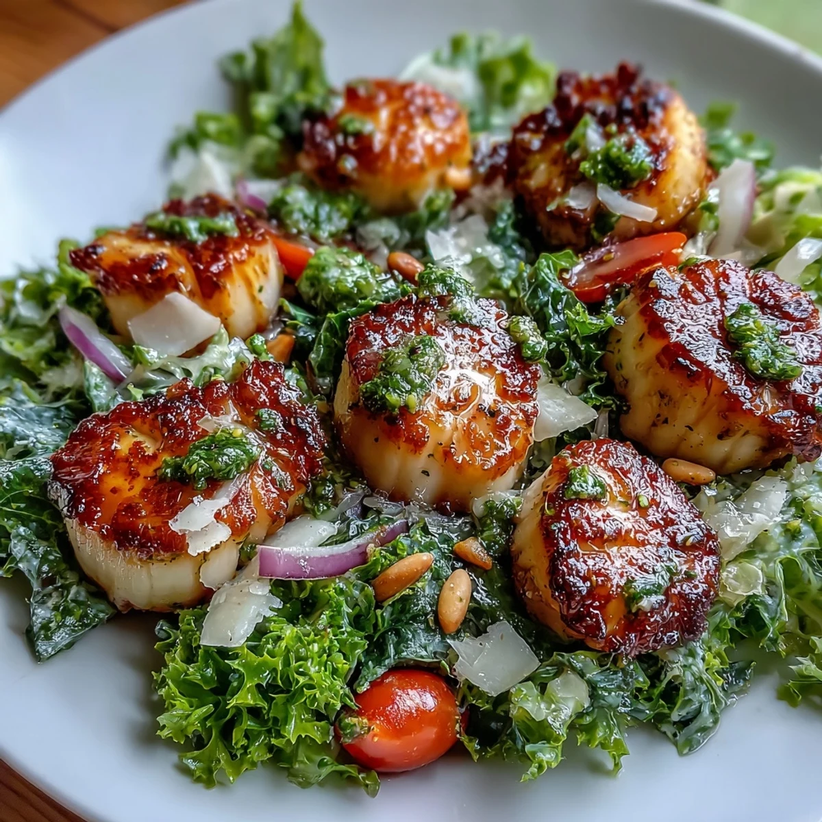 Elegant Seared Scallops With Escarole Salad and Pesto Vinaigrette served on a white plate.