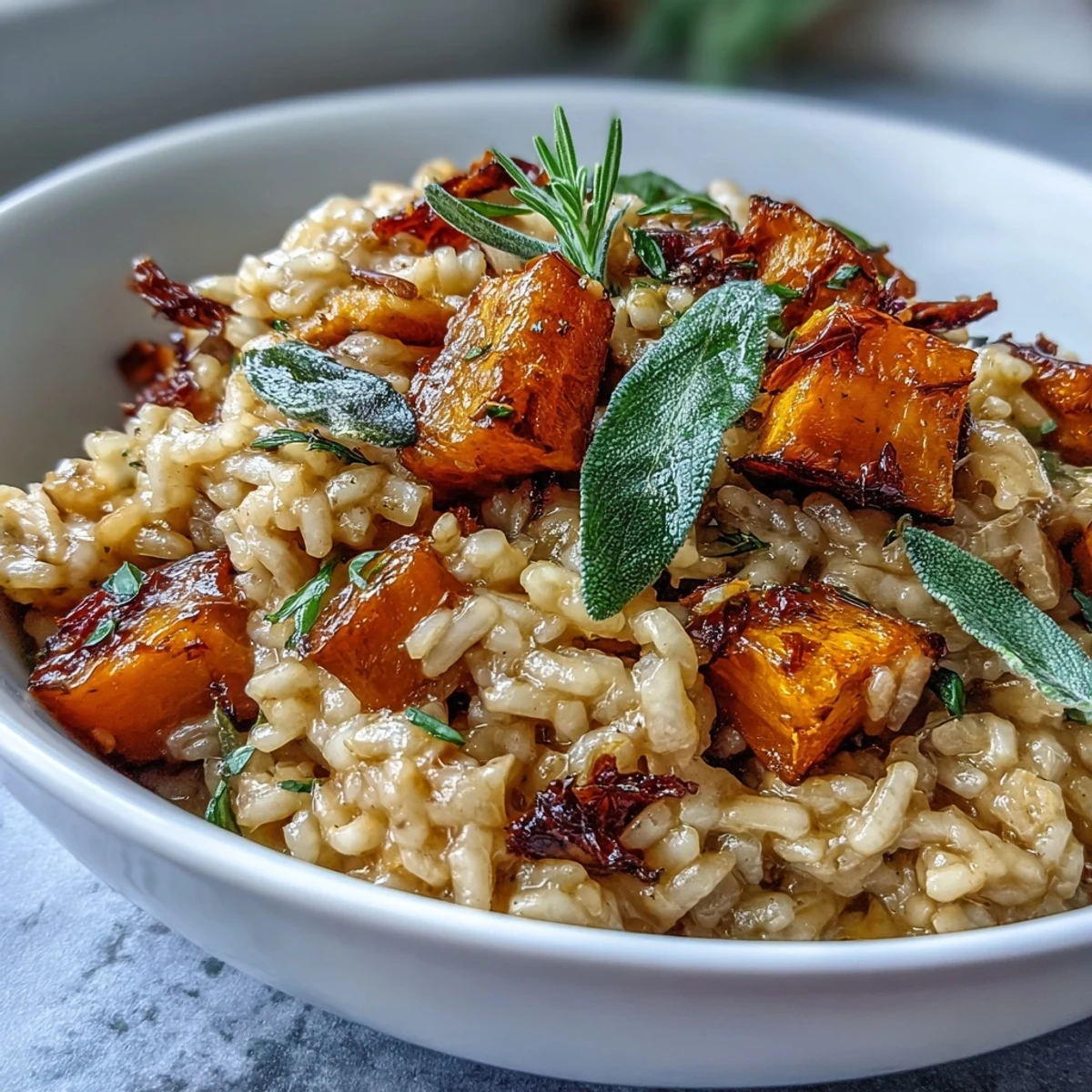 Warm Vegan Pumpkin Risotto with roasted pumpkin cubes, creamy arborio rice, and nutty nutritional yeast.