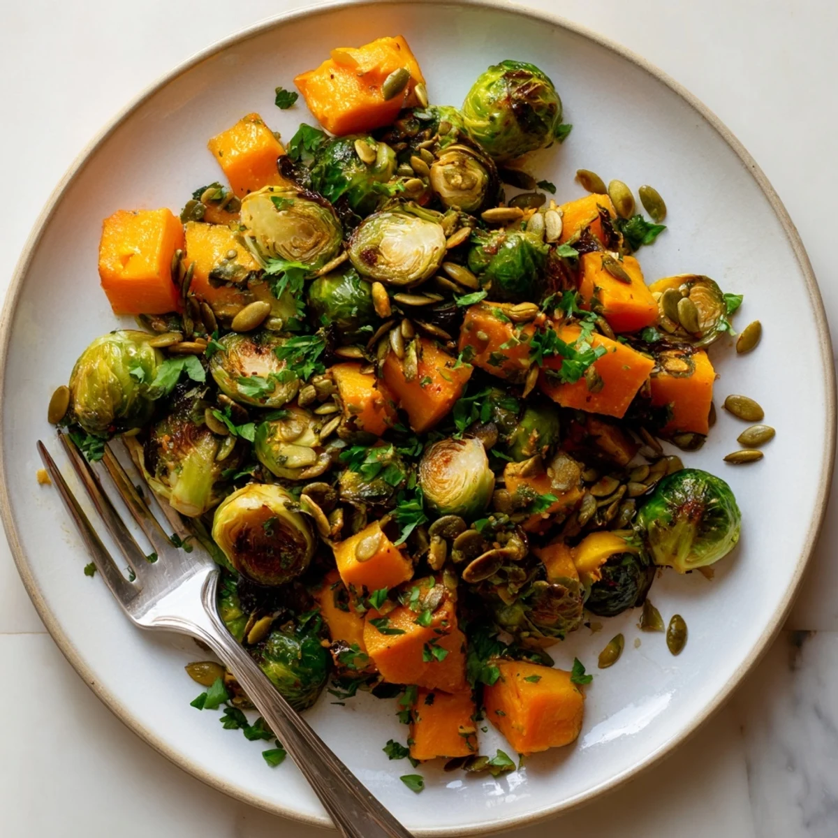 Golden, roasted Brussels sprouts and butternut squash with orange dressing, a colorful and flavorful side.