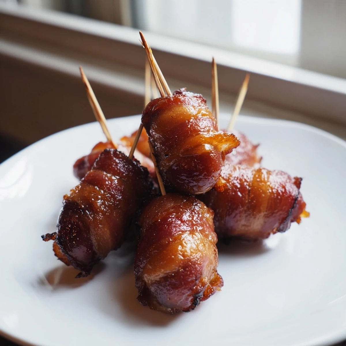 Crispy 3-Ingredient Bacon-Wrapped Smokies, glistening with caramelized brown sugar, perfect appetizer.