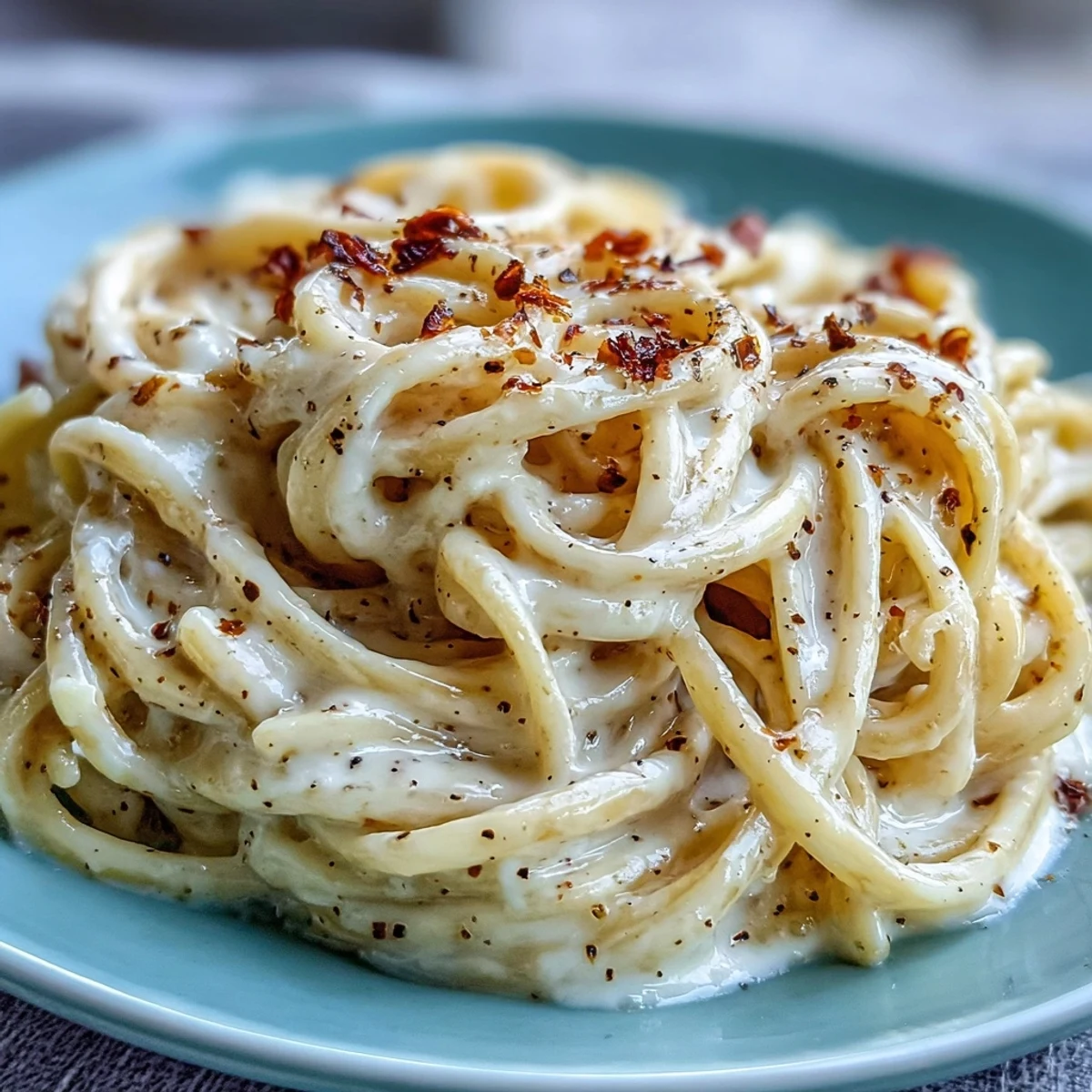 Spaghetti tossed in Cacio e Pepe, garnished with cracked black pepper and extra cheese.