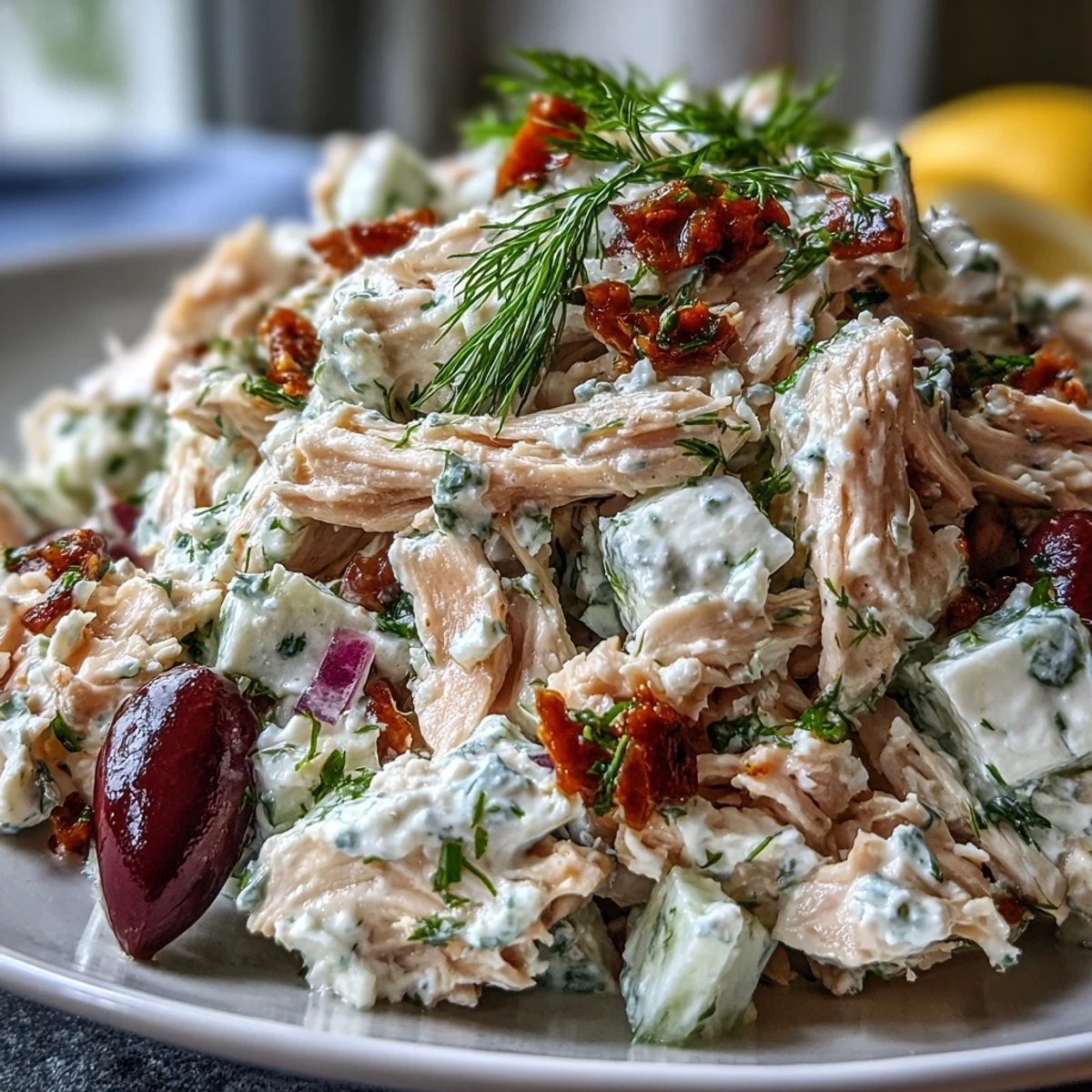 Bright and creamy Tzatziki Chicken Salad with tender shredded chicken, crisp cucumber, and fresh dill garnish on a plate.