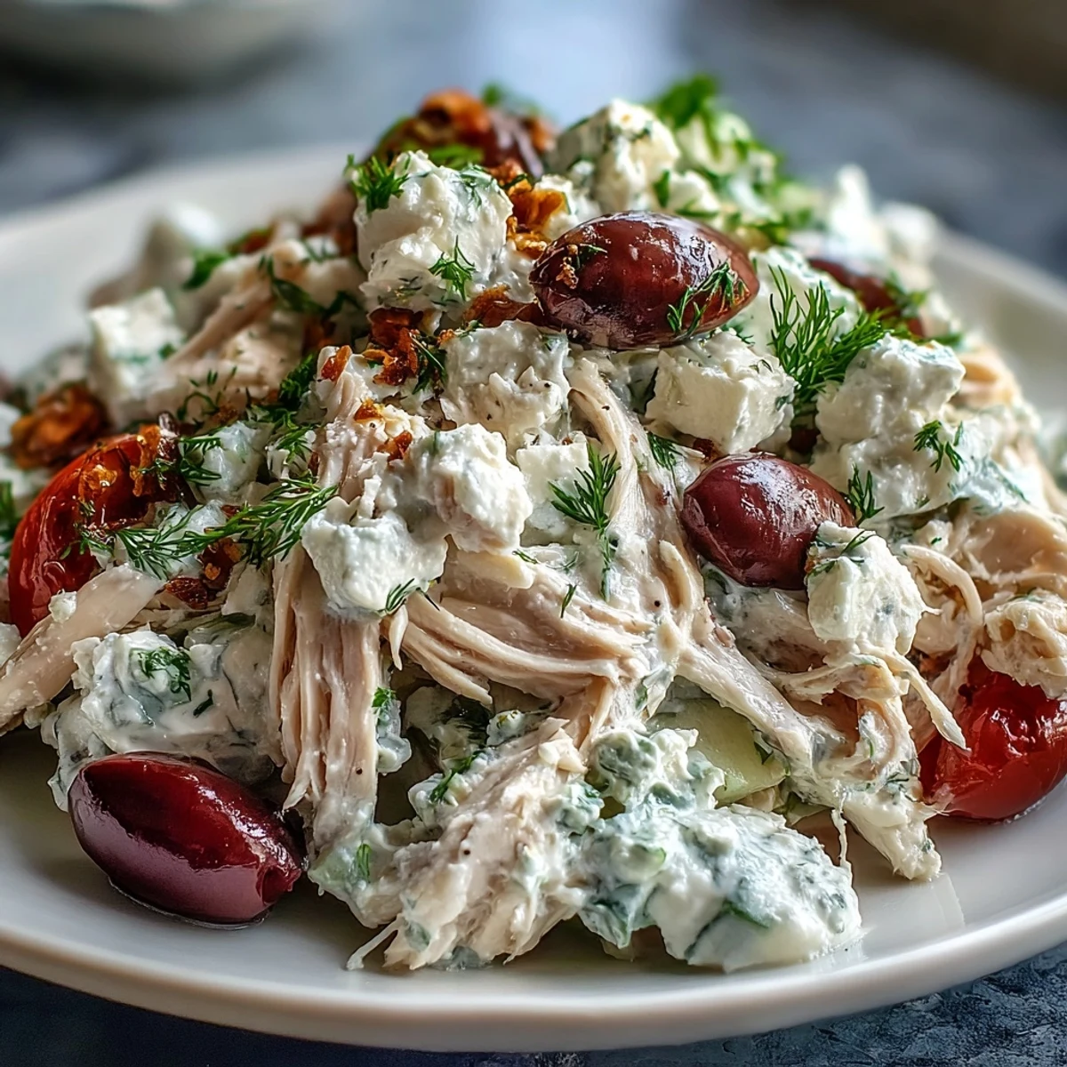 Freshly made Tzatziki Chicken Salad served over spinach, with olives and avocado, perfect for a light lunch.
