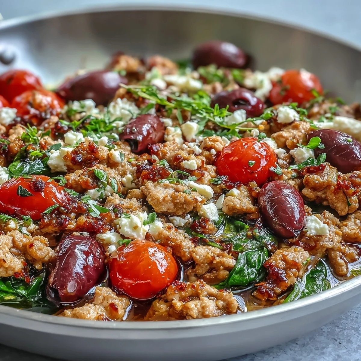 Serve this Mediterranean skillet warm over cauliflower rice, garnished with extra feta and a lemon wedge for brightness.