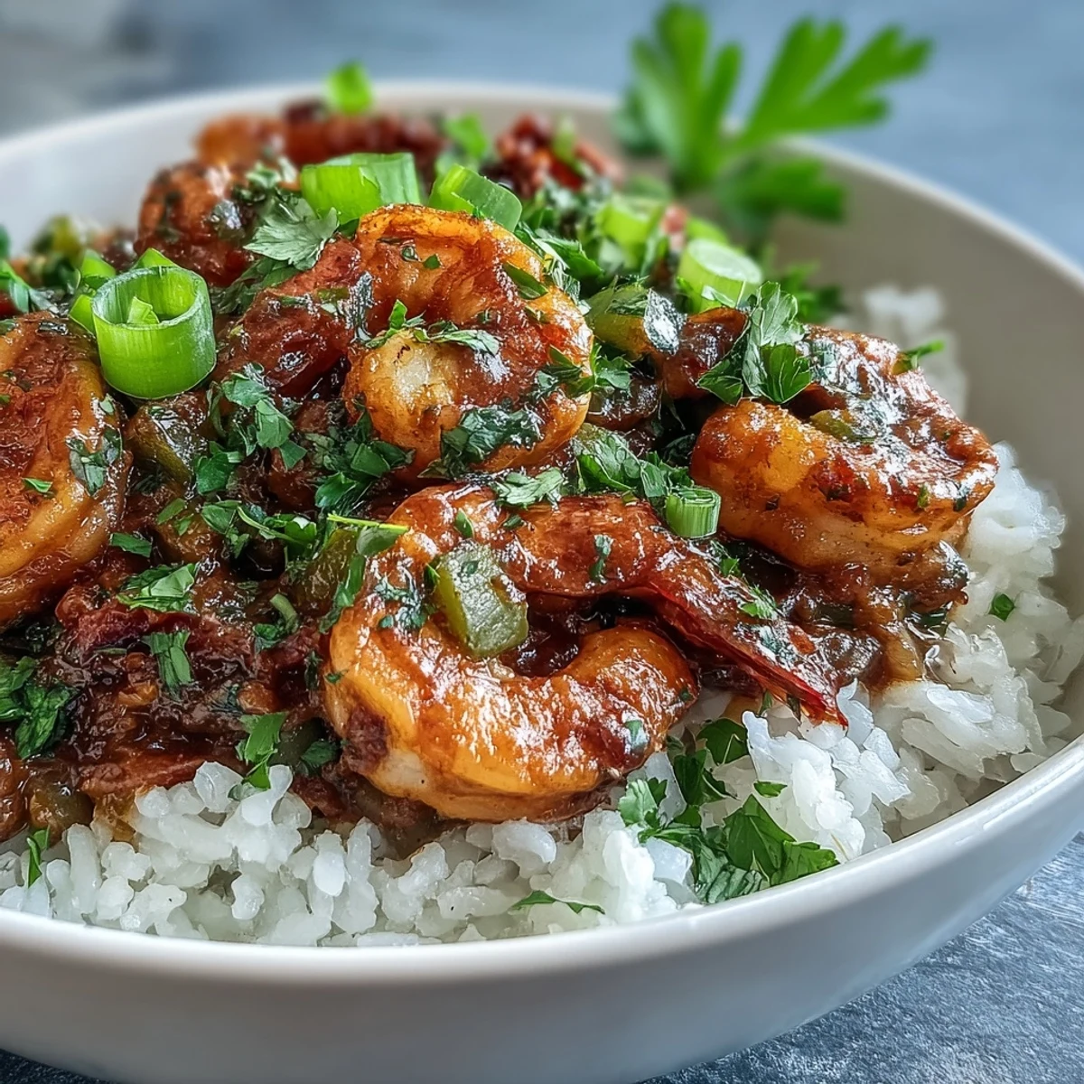Classic New Orleans Étouffée served over fluffy white rice, garnished with fresh parsley and green onions.