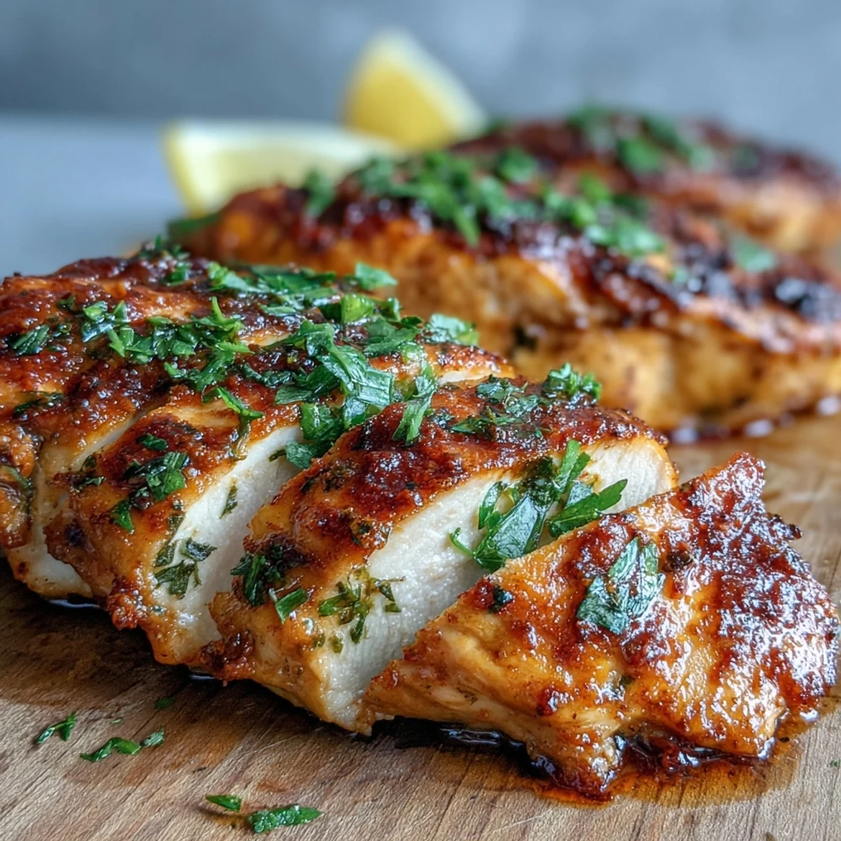 Close-up of juicy Oven Baked Chicken Breast sliced to reveal tender, flavorful interior and garnish.