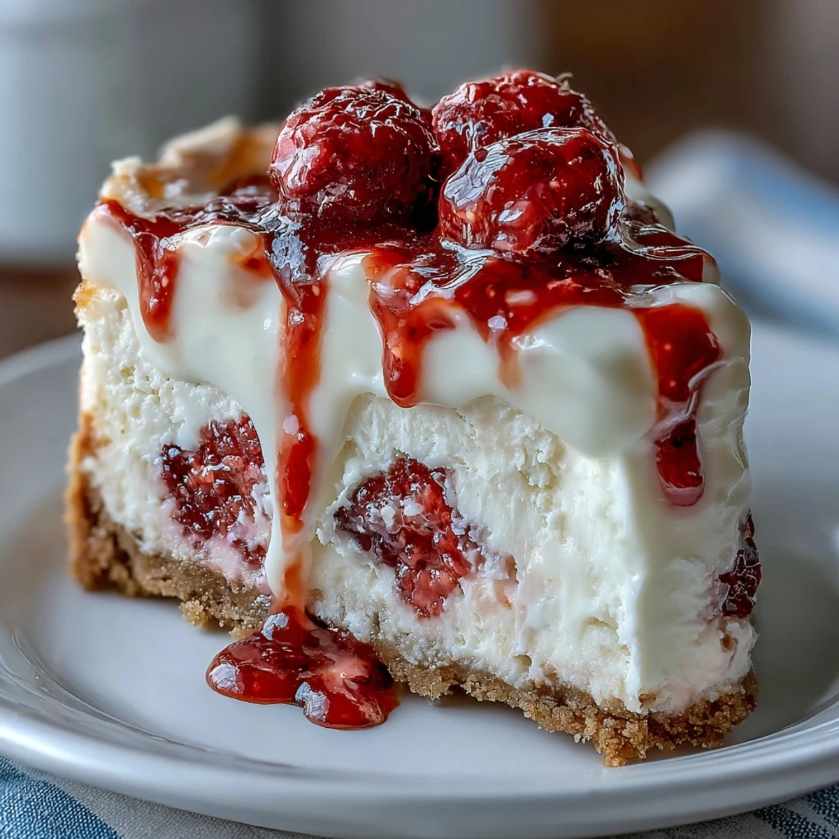 Fresh raspberries and white chocolate shavings garnish the top of the creamy Indulgent White Chocolate Raspberry Cheesecake Bliss, presented on a marble countertop.