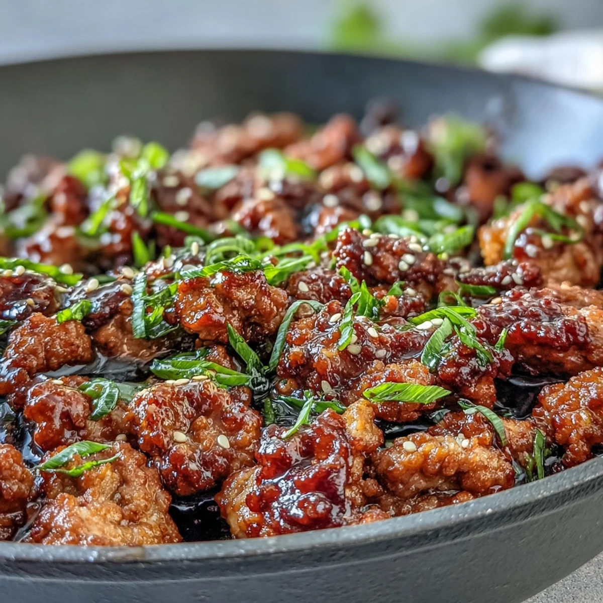 A close-up of Korean-Style Ground Turkey garnished with toasted sesame seeds and chives, glistening with a spicy-sweet sauce ready to be served over steamed rice.
