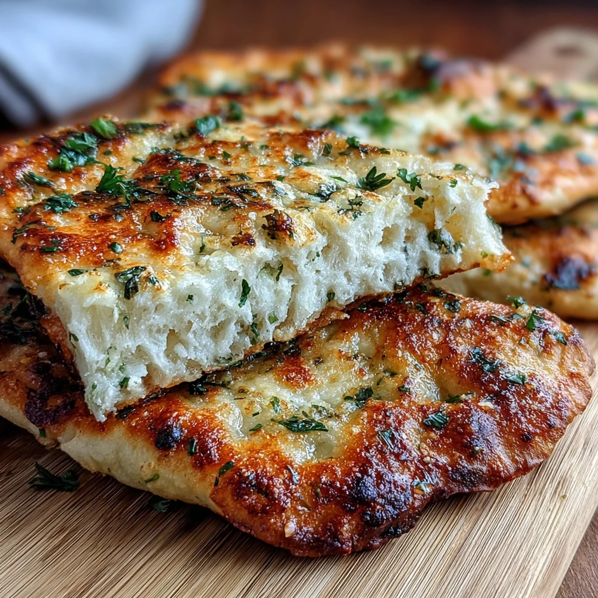 Freshly baked The Best Easy Garlic Naan Bread, golden-brown and blistered, resting on a wooden board next to a bowl of curry.