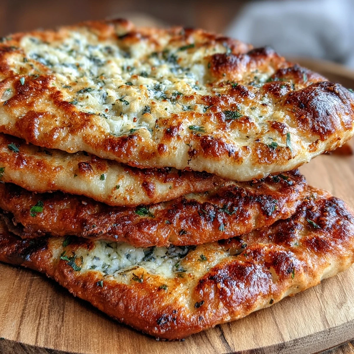 Homemade The Best Easy Garlic Naan Bread stacked on a plate, steam rising, ready to be wrapped around grilled chicken tikka.