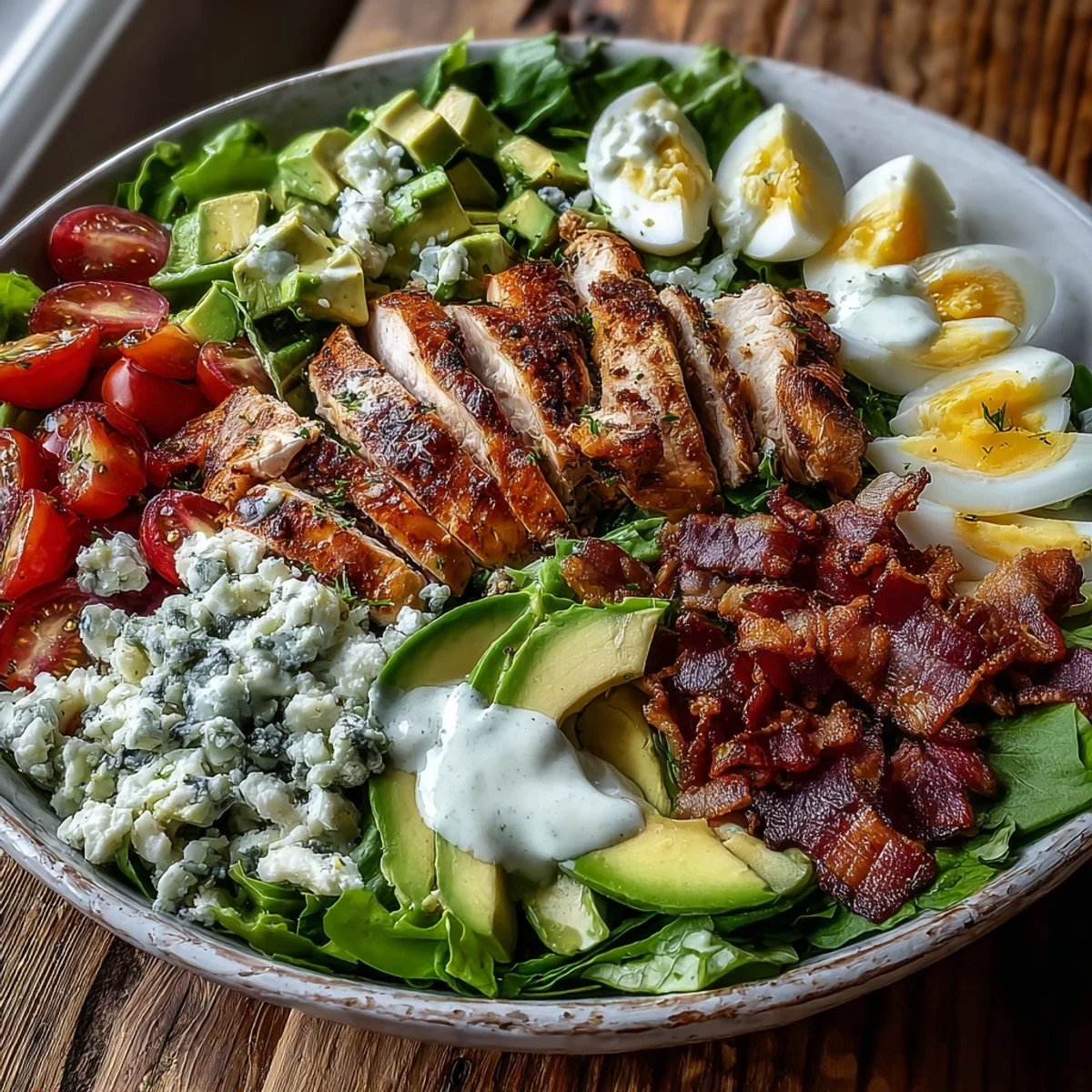 Freshly grilled chicken and crispy bacon top a vibrant Cobb Salad Bowl with creamy avocado and blue cheese crumbles.