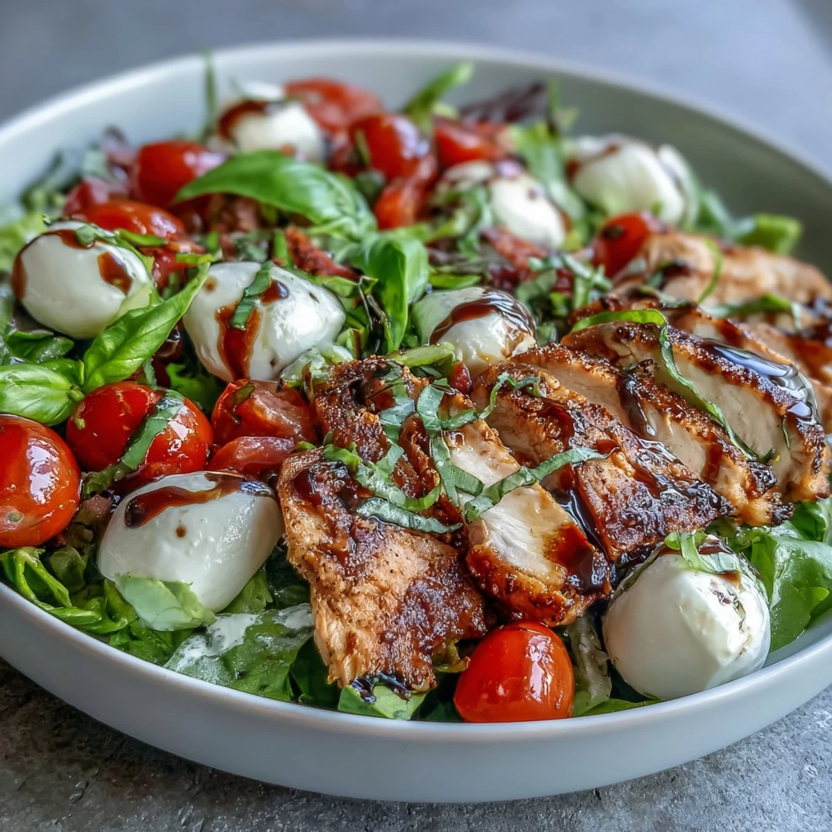 Grilled chicken slices, fresh mozzarella, tomatoes, and basil make this Caprese Chicken Bowl vibrant and ready to serve.