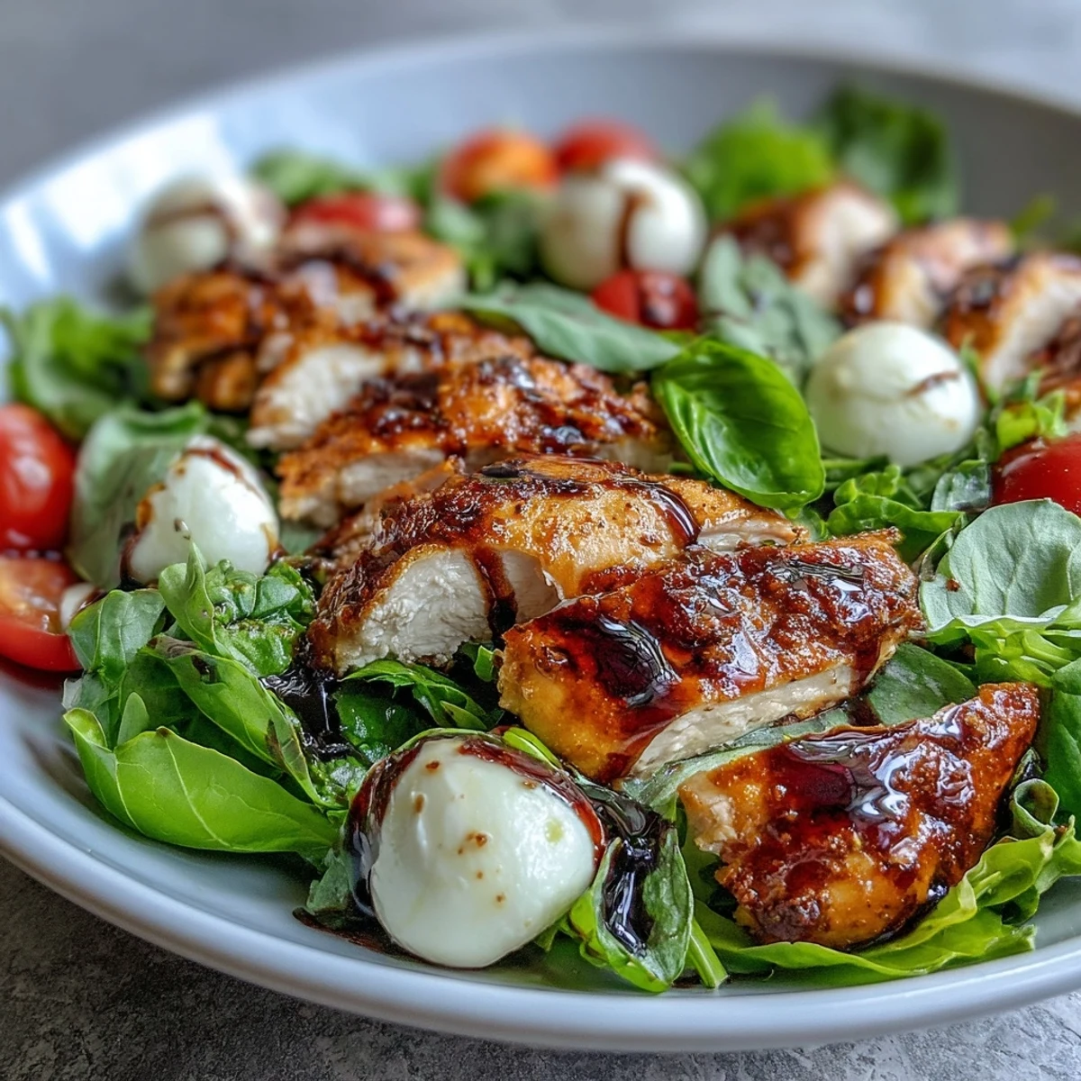 A Caprese Chicken Bowl with sliced grilled chicken over greens, fresh mozzarella, basil, and tomatoes, drizzled with balsamic reduction.