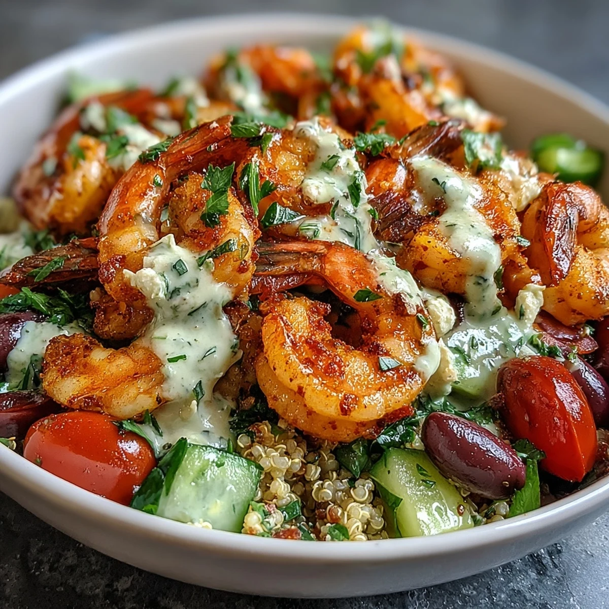 Golden seared shrimp rest on fluffy quinoa with cherry tomatoes and cucumbers in a Mediterranean Shrimp Bowl.