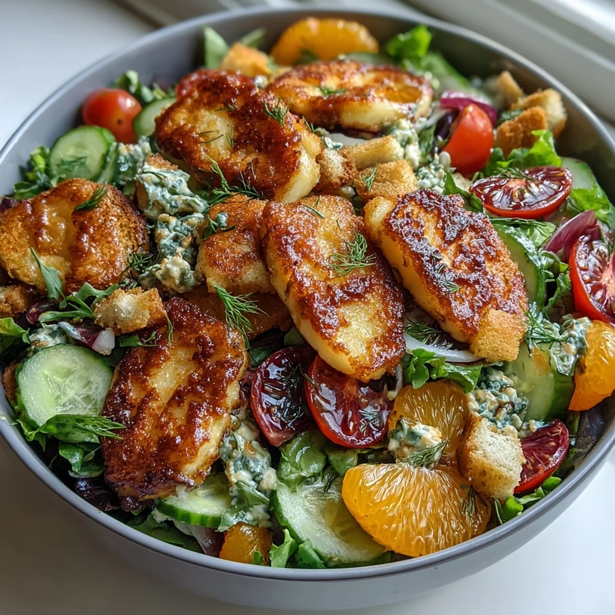 Golden-brown fried halloumi and vibrant blood orange segments top the Halloumi Blood Orange Fattoush salad.