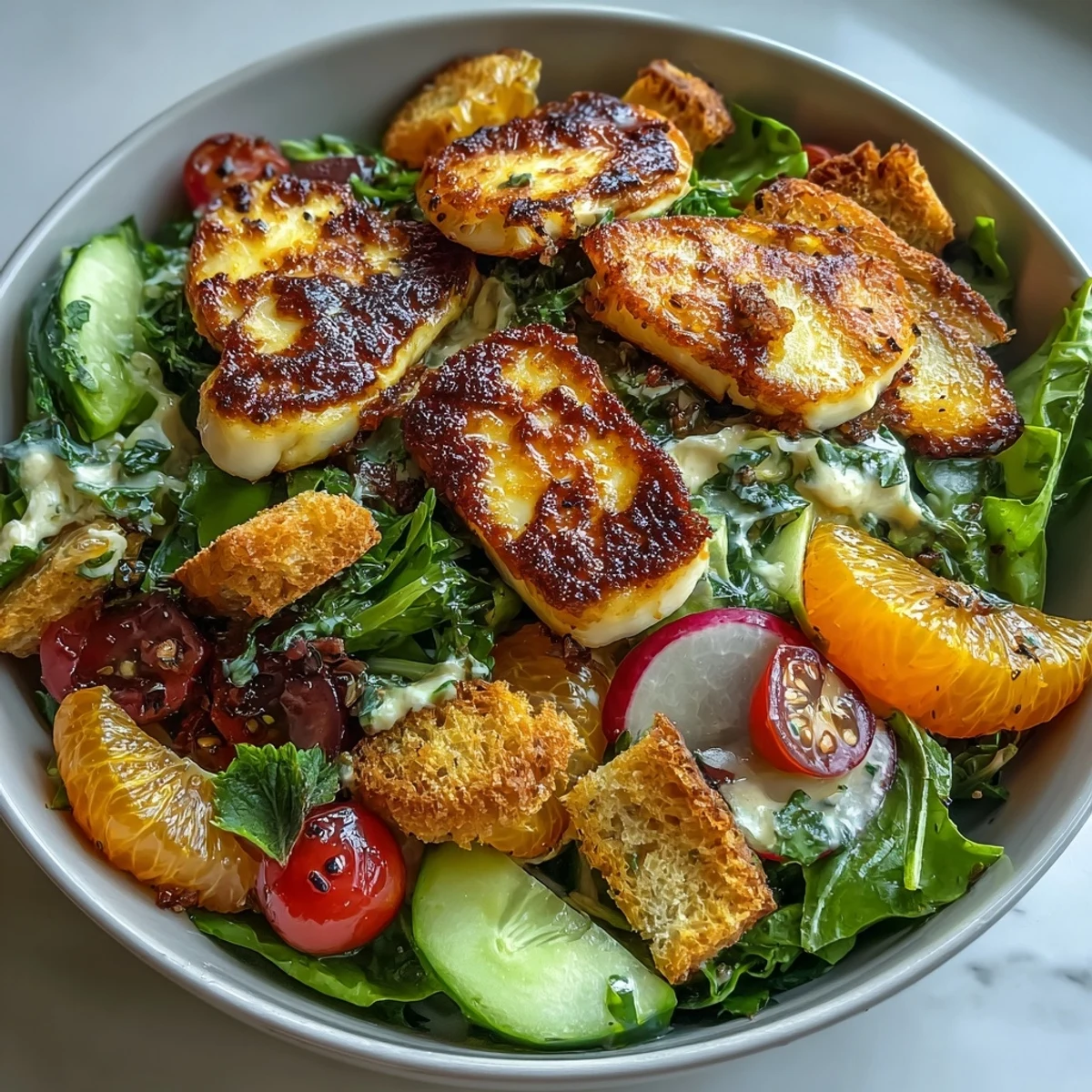 A close-up view of Halloumi Blood Orange Fattoush with zesty sumac dressing.