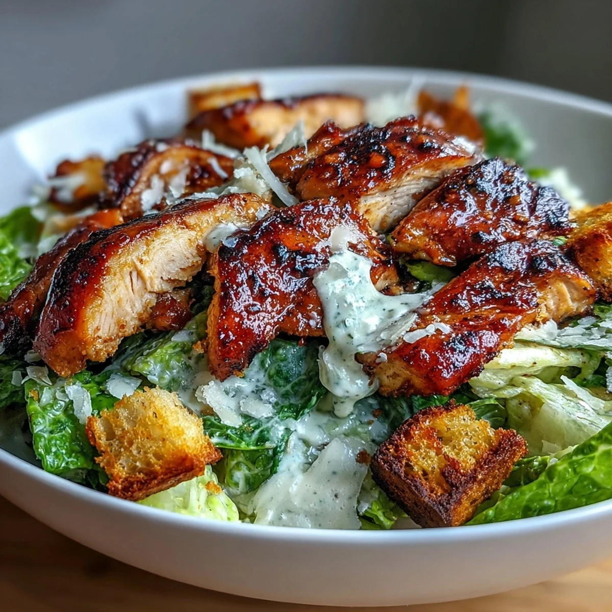 Freshly grilled chicken slices rest on crisp romaine lettuce in a Caesar Chicken Bowl, topped with parmesan and crunchy croutons.