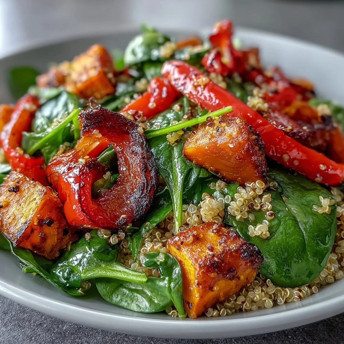 A wholesome Warm Salad Bowl with wilted spinach, roasted veggies, and feta, drizzled with a warm vinaigrette.