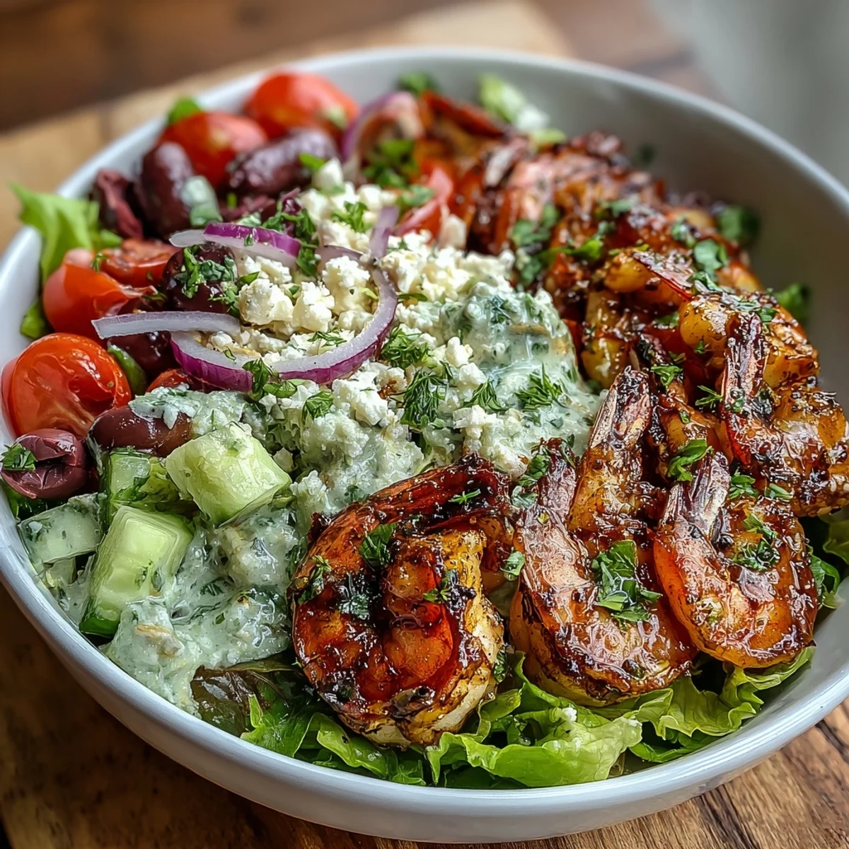 Vibrant Greek Shrimp Bowl topped with briny Kalamata olives and a zesty lemon-olive oil dressing.
