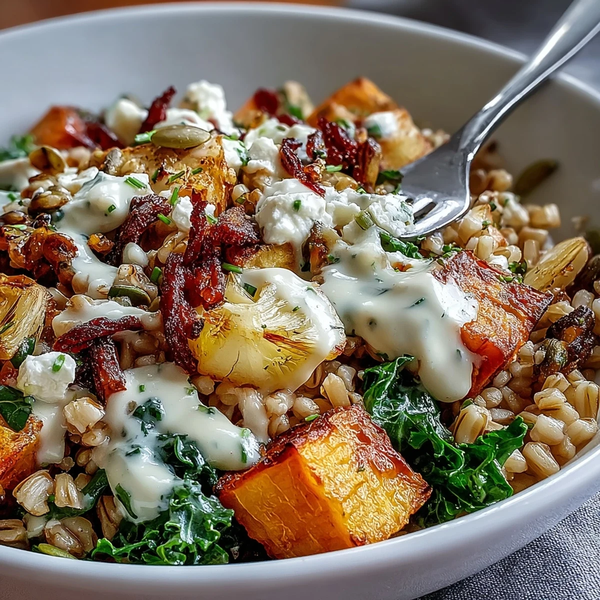 Colorful Hearty Winter Grain Bowl featuring fluffy quinoa, roasted root vegetables, and sautéed greens, garnished with fresh parsley.