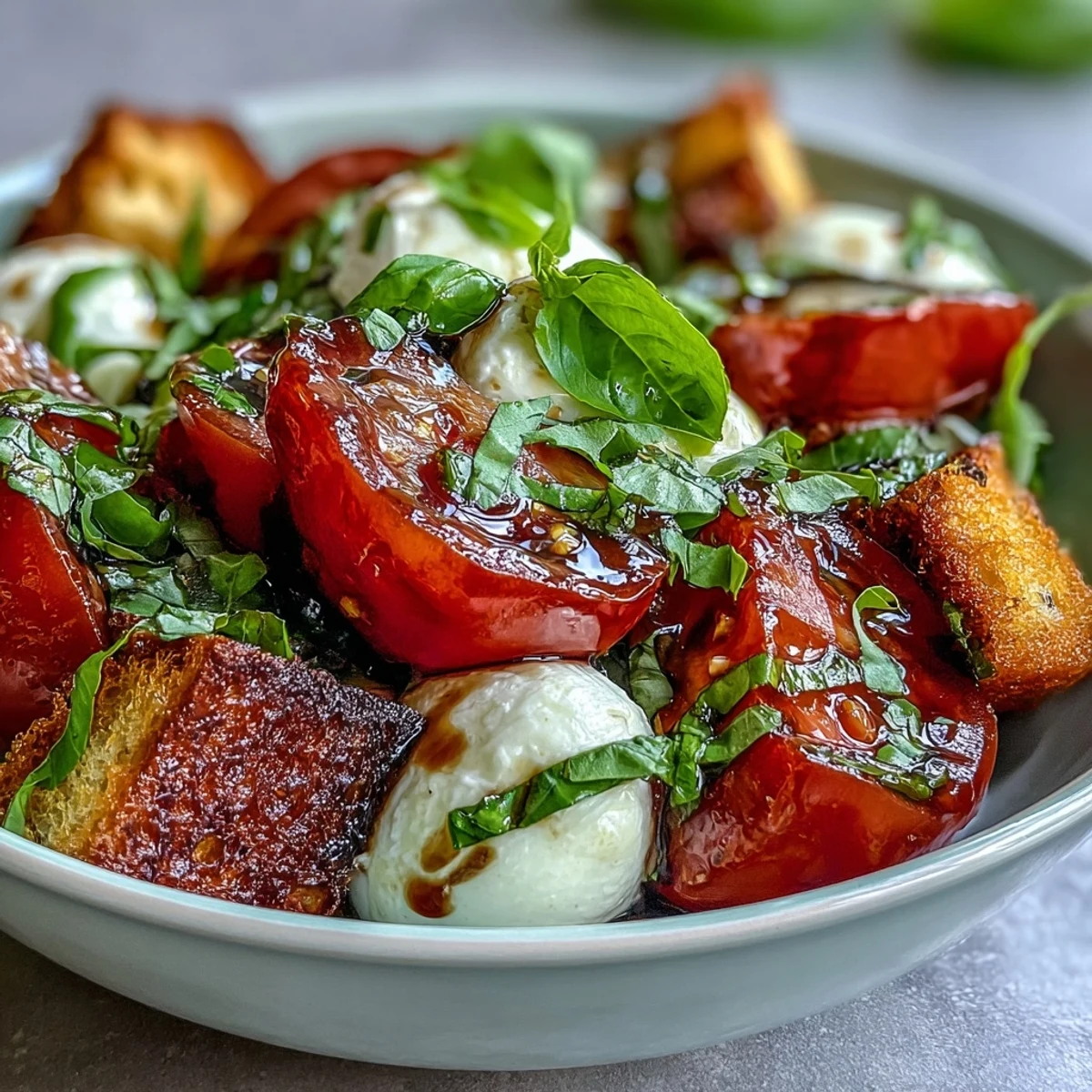 Fresh mozzarella balls and heirloom tomatoes in a Caprese Salad Bowl, drizzled with balsamic and olive oil.