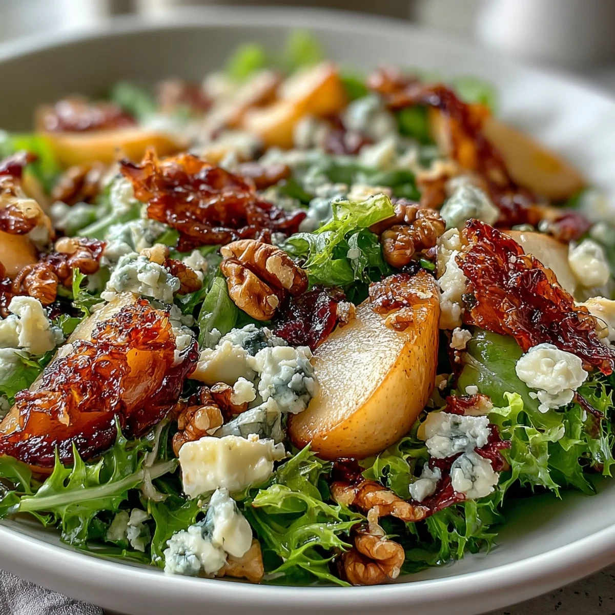 Crispy prosciutto and crumbled blue cheese top a vibrant bowl of frisée pear blue cheese salad. Fresh pear slices and toasted walnuts add texture to this elegant dish.