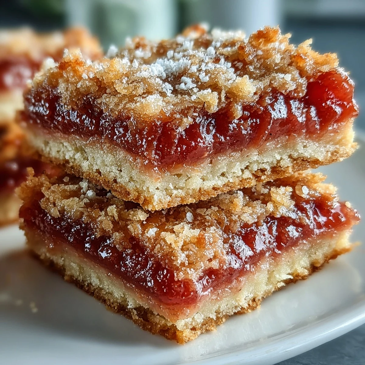 Freshly cut Guava Cake Bars reveal layers of buttery pastry and sweet guava paste on a rustic board.