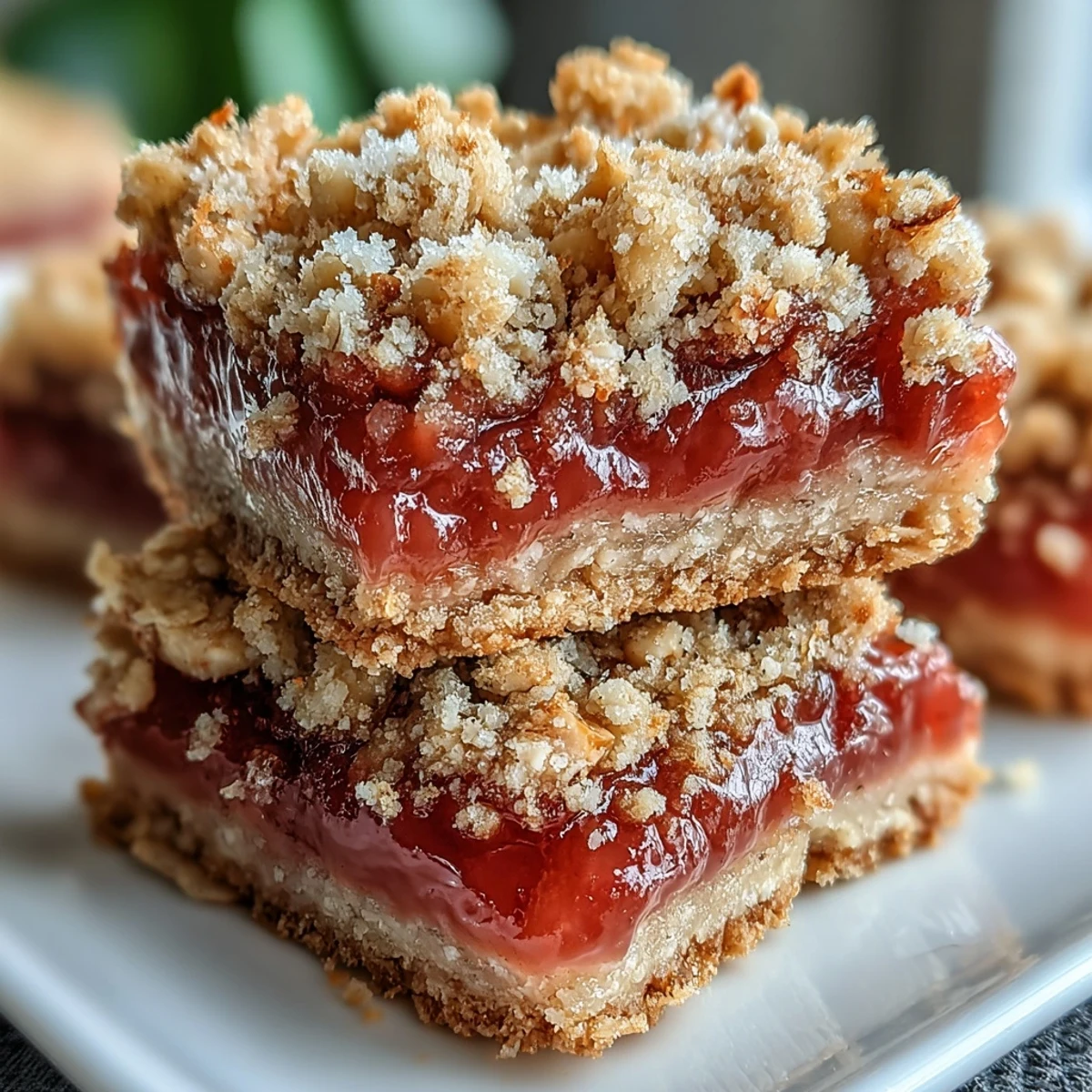 Sliced Guava Jam Bars reveal a vibrant pink guava filling and crunchy coconut macadamia oat topping on a white plate.