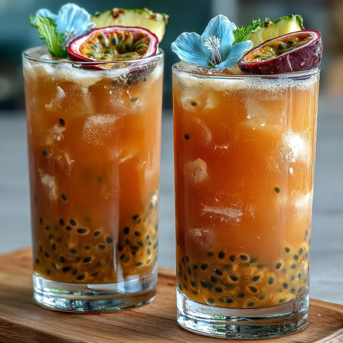 Tropical Iced Guava Passionfruit Drink served over ice, blending guava nectar, passionfruit juice, and creamy coconut milk.