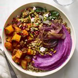 Cozy Spiced Winter Bowls with sweet potato, ube-coconut, and crunchy pistachio crumble.  