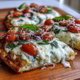 Two rustic cottage cheese flatbread pizzas topped with cherry tomatoes, black olives, and spinach, baked until cheese is melted and golden.  