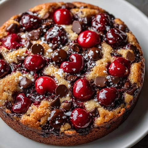 Warm, gooey Cherry-Coded Chocolate Chip Cookie Skillet sprinkled with sea salt, ready to serve.