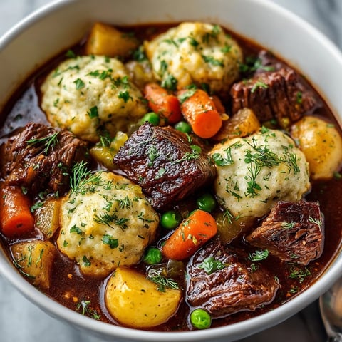 Tender beef stew with pickle herb dumplings: a steaming bowl of comfort, ready to enjoy.