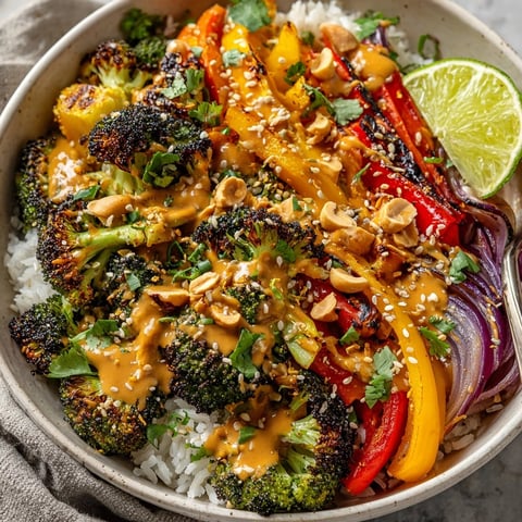 Colorful Thai Peanut Roasted Vegetable Bowl with fluffy rice and creamy sauce drizzled on top