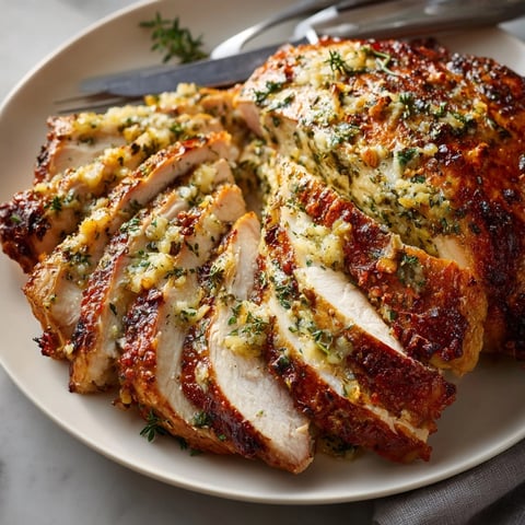 Golden-brown Herb Butter Roasted Turkey, glistening with pan juices, ready for Thanksgiving carving.