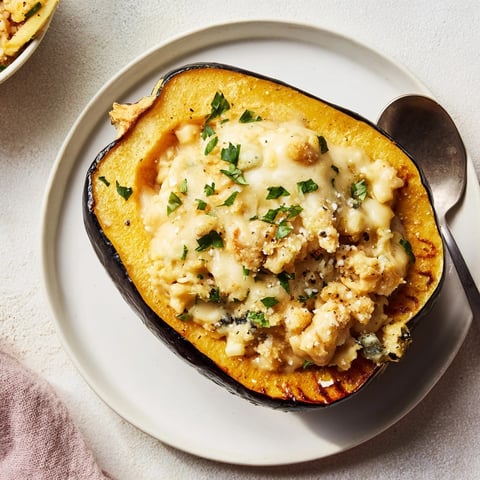 Creamy 4-Cheese Roasted Garlic Alfredo Stuffed Squash, bubbly and golden, ready to impress.