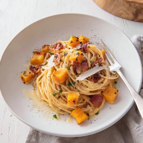 Butternut Squash Pasta Carbonara: Twirls of pasta coated in creamy butternut squash sauce.