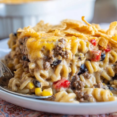 Golden-brown Mac and Cheese Taco Casserole, bubbling hot from the oven in a baking dish.