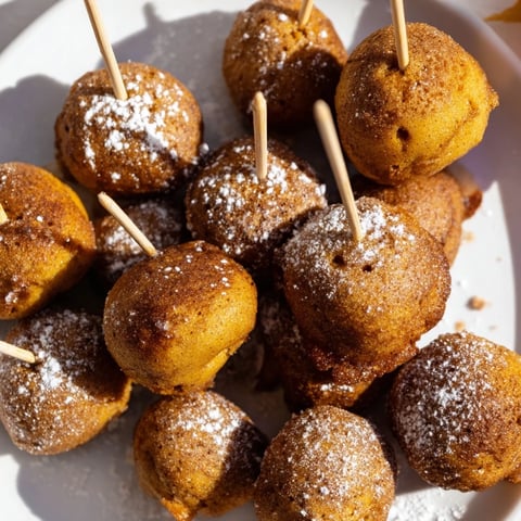 Fluffy pumpkin muffin pancake pops dusted with powdered sugar and warm spices.  
