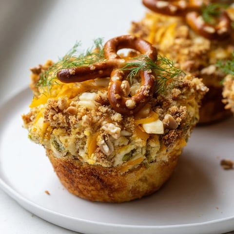 Savory dill pickle cream cheese pretzel muffins golden brown, topped with crunchy pretzels.  
