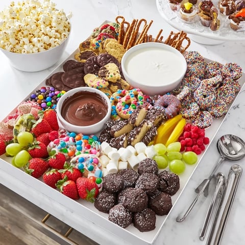 Assorted Dessert Board with Themed Snacks, featuring colorful treats and fresh fruits.  
