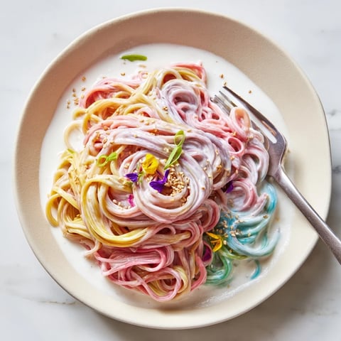 Colorful Neon Noodle Cloud served in creamy sauce with fresh scallions and sesame.  