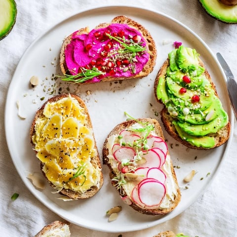 Vibrant Bright & Bold Breakfast Toasts topped with ube spread and fresh garnishes.  