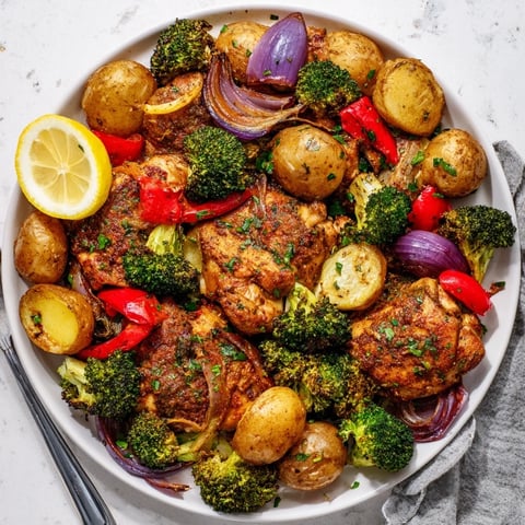 Juicy Lazy Gourmet Chicken & Vegetable One-Pot dish with vibrant broccoli and red bell peppers.