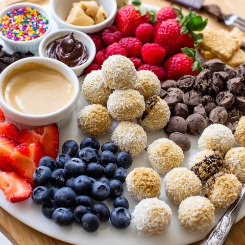 Deconstructed dessert board featuring rich cheesecake bites and colorful fruit toppings.