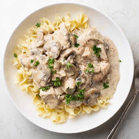 Creamy Chicken Stroganoff served over egg noodles, garnished with fresh parsley.  
