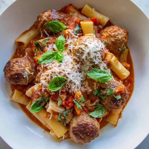 Sizzling Italian Meatball Pasta Skillet, with golden-brown meatballs in a rich tomato sauce, ready for dinner.